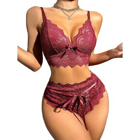 Lilosy Sexy Women Floral Lace Pajamas Lingerie Set High Waist Sheer Sleepwear Nightwear Cami Shorts Bra and Panty 2 Piece