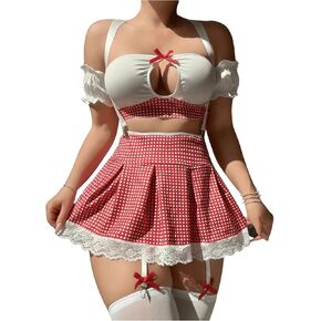 OYOANGLE Women's 9 Piece Garter Lingerie Set Plaid Bow Knot Cut Out Teddy Babydoll with Stockings
