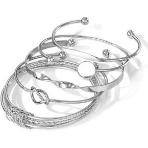 17IF Silver Bangle Bracelet For Women 14k Plated Multi Layer Cuff Bracelets Set Trendy Boho Textured Indian Punk Chunky Cable Smooth Bangles Elegance Minimalist Jewelry Gift