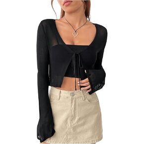 Milumia Women's Tie Bow Sheer Mesh Shrug Long Sleeve Cropped Cardigan Top