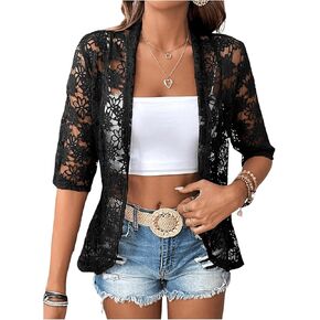 GORGLITTER Women's Floral Lace 3/4 Sleeve Bolero Shrugs Sheer Open Front Cardigan Blazer