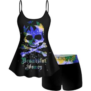 ROSE GAL Rosegal Plus Size Women Gothic Tummy Control Tankini Swimsuit Skull Glitter Print Boyleg Padded Tankini Swimwear
