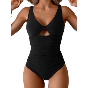 B2prity One Piece Swimsuit for Women Tummy Control Ruched Bathing Suit V Neck Cutout Swimwear