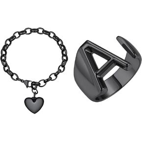 Black Bracelets Ring with Letter A Bundle for Women, Heart Charm Bracelets Ring with Letter A Sets Hip Hop Jewelry(Gift Box)