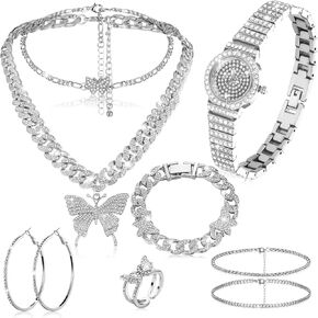 8 Pcs Butterfly Jewelry Set Rhinestone Link Chain Necklaces Pendant Bracelet Diamond Watch Hoop Earrings Ring Silver Accessories for Women Hip Hop Jewelry