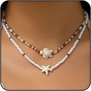 Sora Tuki Gold Starfish Necklace Earrings Beach Jewelry for Women Summer Necklace Surfer Shell Necklaces Turtle Conch Starfish Beaded Choker Necklace Beach Necklace Starfish Ocean Jewelry