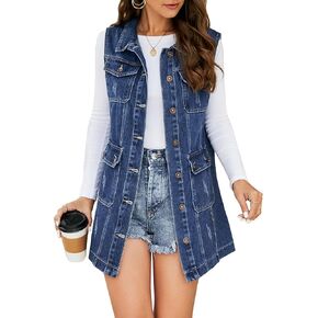 Flygo Womens Casual Button Up Sleeveless Denim Jean Mid Long Vest Gilet Jacket