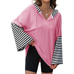 Womens Oversized Hoodie Y2K Casual Striped Sweatshirt Long Sleeve V Neck Pullover Tops Loose Fit Fall Clothes