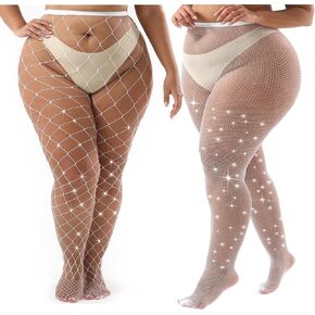 Plus Size Fishnet Tights Sparkly Fishnet Stockings Glitter Pantyhose 2 Pack Small and Big Mesh