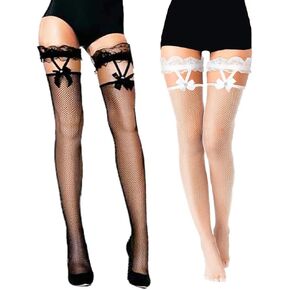 Bow Fishnet Thigh High Stockings Bowknot Top Lace Tjghts Cute Fishing Net High Socks for Women 2 Pairs