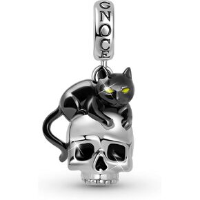 GNOCE Black Cat with Skull Pendant Charm Sterling Silver Gold Plated Dangle Charm Fit Bracelet/Necklace Charm for Women Wife (Silver)