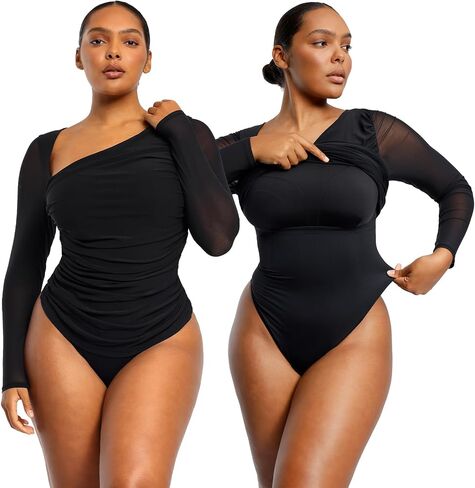 SHAPELLX Long Sleeve Bodysuit Tummy Control Shapewear Built in Bra 2 in 1 Bodysuit Tops Thong Full Body Shaper for Womens in Kuwait