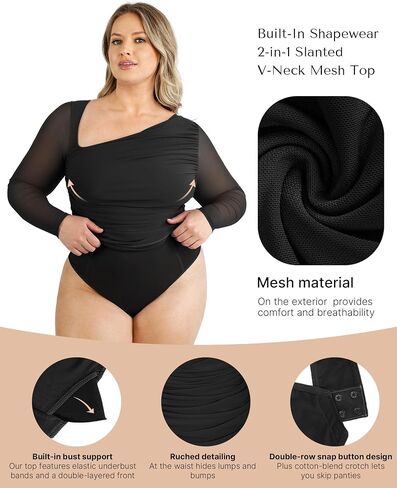 SHAPELLX Long Sleeve Bodysuit Tummy Control Shapewear Built in Bra 2 in 1 Bodysuit Tops Thong Full Body Shaper for Womens in Kuwait