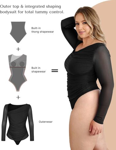 SHAPELLX Long Sleeve Bodysuit Tummy Control Shapewear Built in Bra 2 in 1 Bodysuit Tops Thong Full Body Shaper for Womens in Kuwait