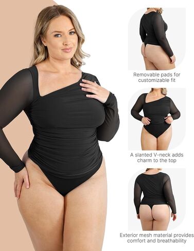 SHAPELLX Long Sleeve Bodysuit Tummy Control Shapewear Built in Bra 2 in 1 Bodysuit Tops Thong Full Body Shaper for Womens in Kuwait