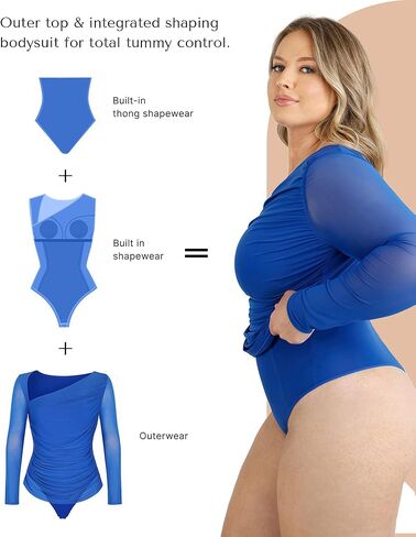 SHAPELLX Long Sleeve Bodysuit Tummy Control Shapewear Built in Bra 2 in 1 Bodysuit Tops Thong Full Body Shaper for Womens in Kuwait