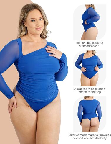 SHAPELLX Long Sleeve Bodysuit Tummy Control Shapewear Built in Bra 2 in 1 Bodysuit Tops Thong Full Body Shaper for Womens in Kuwait