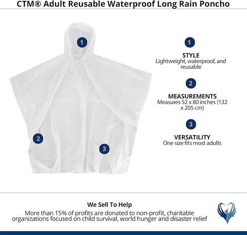 CTM® Adult Reusable Waterproof Long Rain Poncho in Saudi Arabia