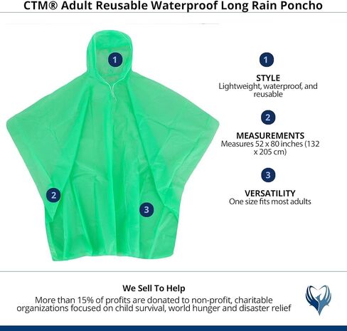 CTM® Adult Reusable Waterproof Long Rain Poncho in Saudi Arabia
