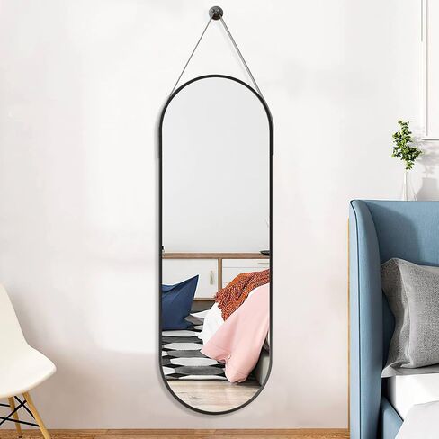 OGCAU Full Length Mirror, Wall Mirror Full Length, Wall-Mounted Mirror, Body Mirror for Wall in Bedroom, Arched-Top Mirror, Hanging Mirror with Aluminum Alloy Frame (Oval Black) in Kuwait