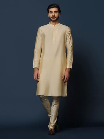KISAH Men's Cream Jacquard Indowestern Sherwani Kurta & Pajama Set – Regular Fit, Mandarin Collar |Indian Ethnic Wedding & Festive Wear in Kuwait