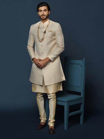 KISAH Men's Cream Jacquard Indowestern Sherwani Kurta & Pajama Set – Regular Fit, Mandarin Collar |Indian Ethnic Wedding & Festive Wear in Kuwait