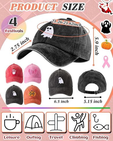 Jeyiour 4 قطع عيد الميلاد قبعة بيسبول قبعة عيد الميلاد خمر الدنيم قبعة عيد الهالوين سرطان الثدي الوعي عيد الشكر قبعة قابل للتعديل التطريز قبعات أبي للرجال النساء in Kuwait