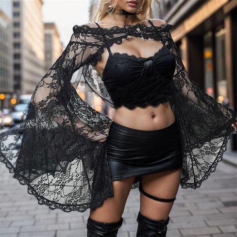 Goth Bolero Shrug Women Lace Sheer Mesh Gothic Flare Sleeve Emo in Saudi Arabia
