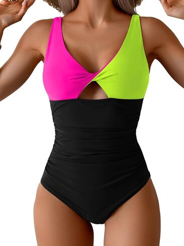 B2prity One Piece Swimsuit for Women Tummy Control Ruched Bathing Suit V Neck Cutout Swimwear in Kuwait