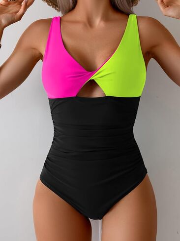 B2prity One Piece Swimsuit for Women Tummy Control Ruched Bathing Suit V Neck Cutout Swimwear in Kuwait