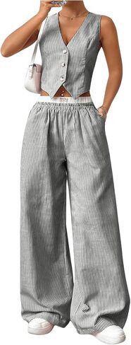 Milumia Women's 2 Pcs Outfits Striped V Neck Button Blazer Vest Pants Tracksuit in Kuwait