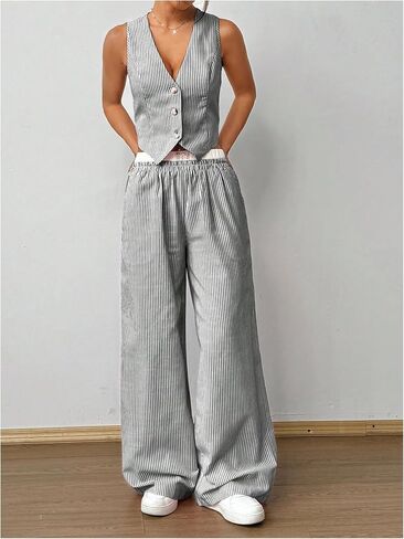 Milumia Women's 2 Pcs Outfits Striped V Neck Button Blazer Vest Pants Tracksuit in Kuwait