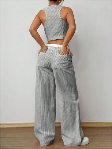 Milumia Women's 2 Pcs Outfits Striped V Neck Button Blazer Vest Pants Tracksuit in Kuwait