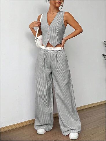 Milumia Women's 2 Pcs Outfits Striped V Neck Button Blazer Vest Pants Tracksuit in Kuwait