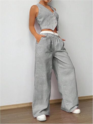 Milumia Women's 2 Pcs Outfits Striped V Neck Button Blazer Vest Pants Tracksuit in Kuwait