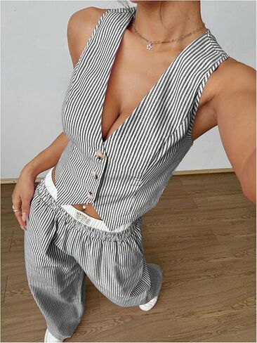 Milumia Women's 2 Pcs Outfits Striped V Neck Button Blazer Vest Pants Tracksuit in Kuwait