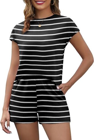 PrinStory 2 Piece Lounge Sets for Women Summer Outfits Short Sleeve Womens Short Sets Casual Matching Set in Saudi Arabia