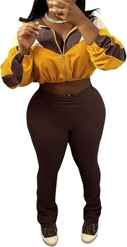 DINGANG Women's 2 Piece Sweatsuit Outfits Color Block Zip Up Cropped Jackets Flare Legging Pant Tracksuit Set in Saudi Arabia