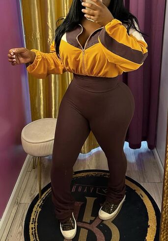 DINGANG Women's 2 Piece Sweatsuit Outfits Color Block Zip Up Cropped Jackets Flare Legging Pant Tracksuit Set in Saudi Arabia