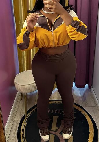 DINGANG Women's 2 Piece Sweatsuit Outfits Color Block Zip Up Cropped Jackets Flare Legging Pant Tracksuit Set in Saudi Arabia