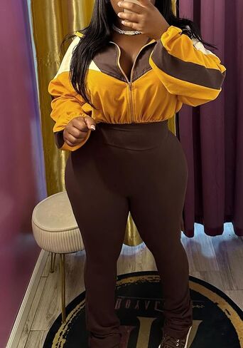 DINGANG Women's 2 Piece Sweatsuit Outfits Color Block Zip Up Cropped Jackets Flare Legging Pant Tracksuit Set in Saudi Arabia
