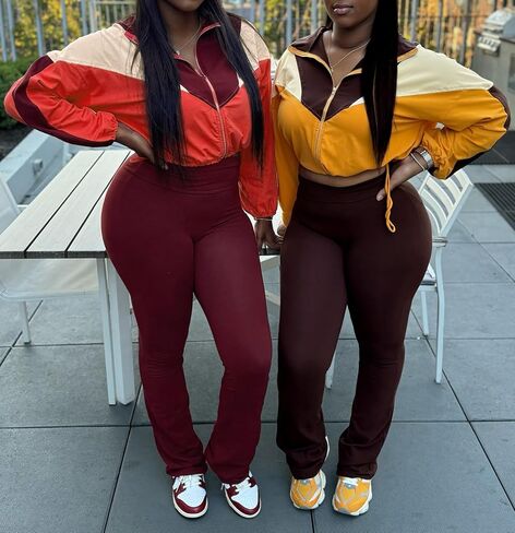 DINGANG Women's 2 Piece Sweatsuit Outfits Color Block Zip Up Cropped Jackets Flare Legging Pant Tracksuit Set in Saudi Arabia