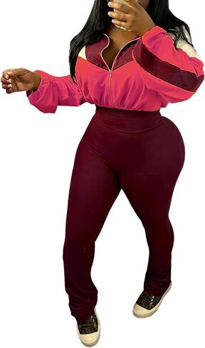 DINGANG Women's 2 Piece Sweatsuit Outfits Color Block Zip Up Cropped Jackets Flare Legging Pant Tracksuit Set in Saudi Arabia