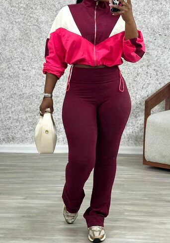 DINGANG Women's 2 Piece Sweatsuit Outfits Color Block Zip Up Cropped Jackets Flare Legging Pant Tracksuit Set in Saudi Arabia