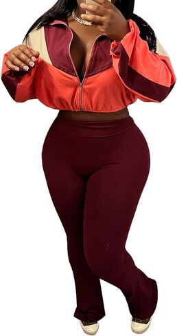 DINGANG Women's 2 Piece Sweatsuit Outfits Color Block Zip Up Cropped Jackets Flare Legging Pant Tracksuit Set in Saudi Arabia