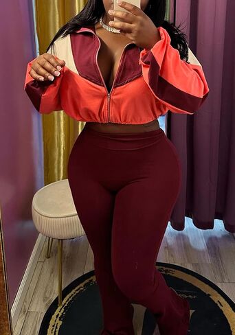 DINGANG Women's 2 Piece Sweatsuit Outfits Color Block Zip Up Cropped Jackets Flare Legging Pant Tracksuit Set in Saudi Arabia