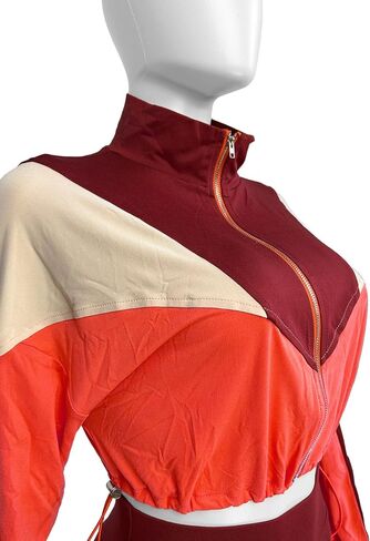 DINGANG Women's 2 Piece Sweatsuit Outfits Color Block Zip Up Cropped Jackets Flare Legging Pant Tracksuit Set in Saudi Arabia