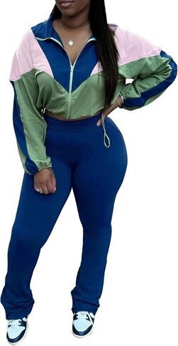 DINGANG Women's 2 Piece Sweatsuit Outfits Color Block Zip Up Cropped Jackets Flare Legging Pant Tracksuit Set in Saudi Arabia