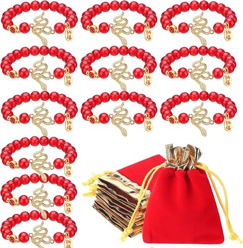 24pcs 2025 Chinese New Year Snake Beaded Charm Bracelets Set Including 12pcs Adjustable Red Beaded Bracelet and 12pcs Velvet Bags Charm Bracelet Lucky Zodiac Charm Bracelet Gift for Women Men in Saudi Arabia