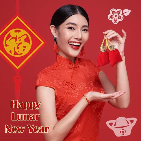 24pcs 2025 Chinese New Year Snake Beaded Charm Bracelets Set Including 12pcs Adjustable Red Beaded Bracelet and 12pcs Velvet Bags Charm Bracelet Lucky Zodiac Charm Bracelet Gift for Women Men in Saudi Arabia